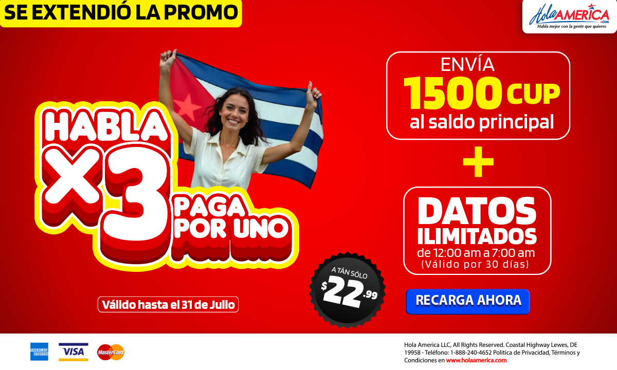 RECARGA TRIPLE SALDO CUBA HOLA AMERICA PROMO CUBACEL BALANCE PRINCIPAL HABANA PLANES COMBINADOS