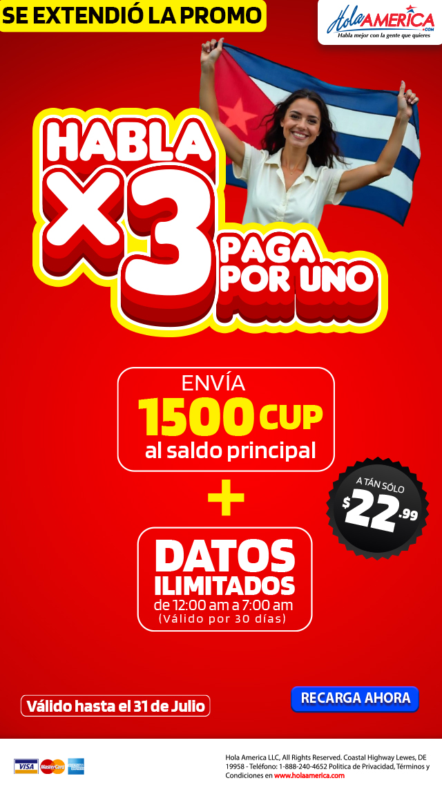 RECARGA TRIPLE SALDO CUBA HOLA AMERICA PROMO CUBACEL BALANCE PRINCIPAL HABANA PLANES COMBINADOS